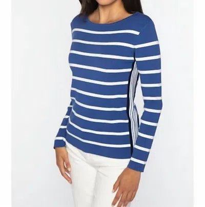 Kinross Women's Tipped Rib Stripe Boatneck Pullover In Anchor Blue/white/navy In Multi