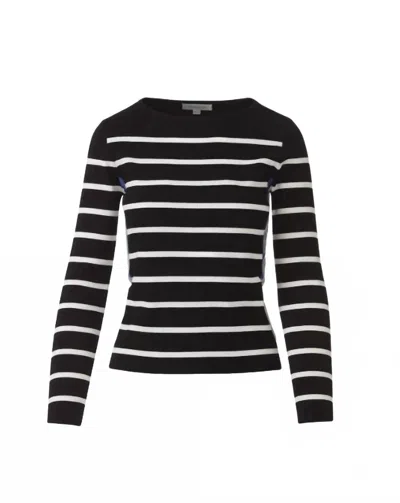 Kinross Women's Tipped Rib Stripe Boatneck Pullover In Black/white/anchor Blue