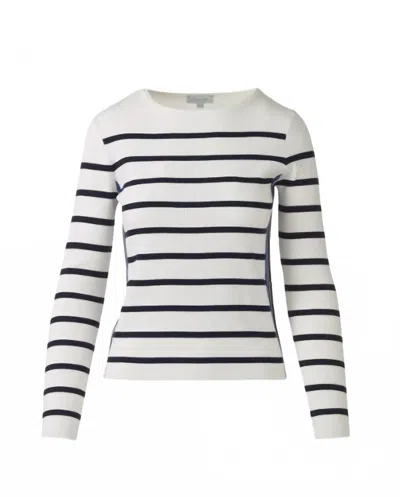 Kinross Women's Tipped Rib Stripe Boatneck Pullover In White/navy/anchor