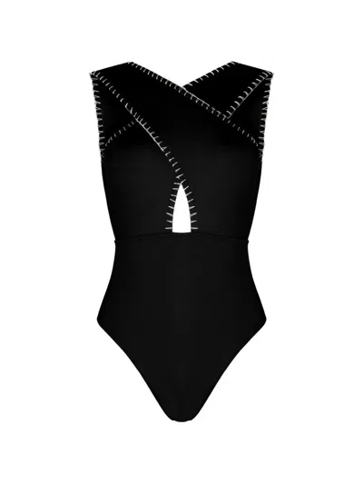 Kióhne Coral Hand-embroidered Swimsuit In Black