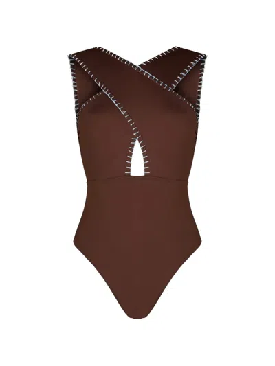 Kióhne Coral Hand-embroidered Swimsuit In Brown