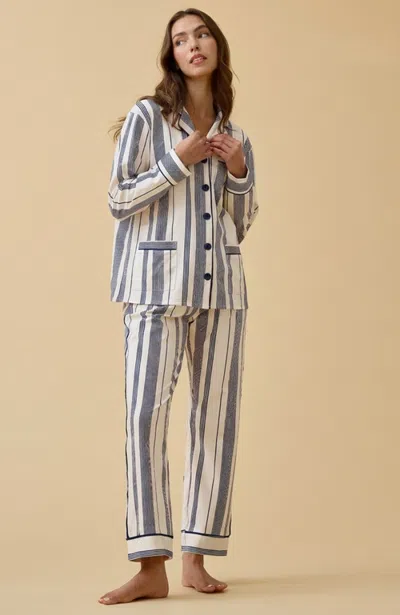 Kip. Kip Luxe Stretch Cotton Striped Pajama Set In Blue