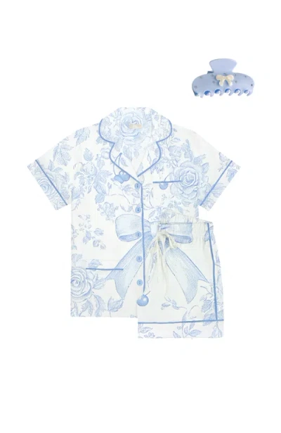 Kip. Kip Toile Bow Print Short Set Gift Bundle In Blue
