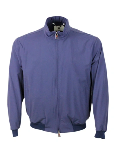 Kired Lightweight Bomber Jacket In Special Stretch Technical Fabric With Standing Collar And Concealed Hoo In Blu