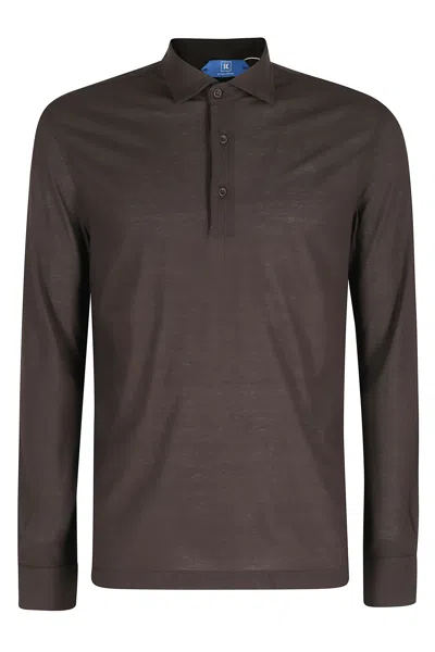 Kired Mocha Positano Buttoned Side Slits Cotton Long Sleeve Polo Shirt In Black