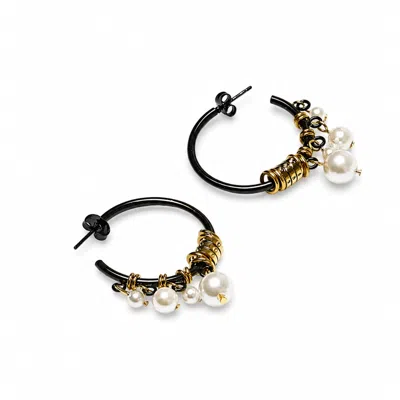 Kirei Women's Black / Gold / White Density Black Pearl Hoop Earrings In Multi