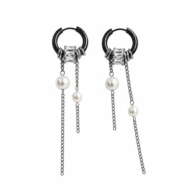 Kirei Women's Black / Silver Vector Pearl Chain Hoop Earrings In Multi