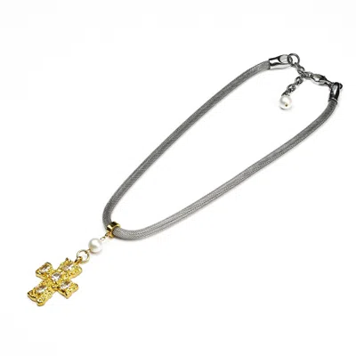 Kirei Women's Silver / Gold Cipher Necklace – Gold Cross With Pearl Detail In Multi