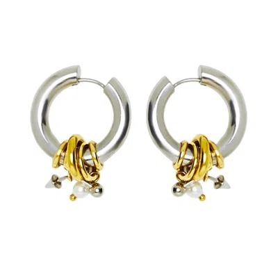 Kirei Women's Silver / Gold Voltage Hoop Earrings - Stainless Steel With Freshwater Pearl In Multi