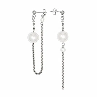 Kirei Women's Silver / White Loop Asymmetric Pearl Chain Earrings In Multi