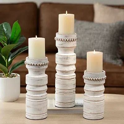 Kirkland's Beaded Wood Pillar Candle Holder In White