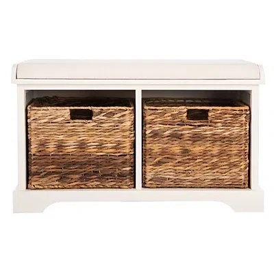 Kirkland's Bench With Woven Storage Baskets In White