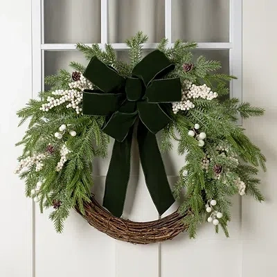 Kirkland's Berry Green Velvet Bow Christmas Wreath In Multi