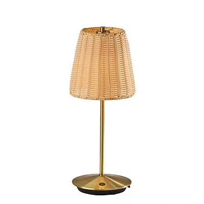Kirkland's Brass Metal Rattan Shade Cordless Table Lamp In Gold