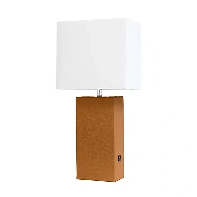 Kirkland's Caramel Faux Leather Charging Table Lamp In Brown