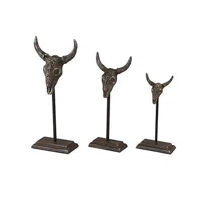 Kirkland's Carved Iron Bullhead Statues In Brown