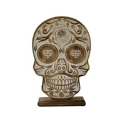 Kirkland's Carved Wooden Skull Statue In Brown