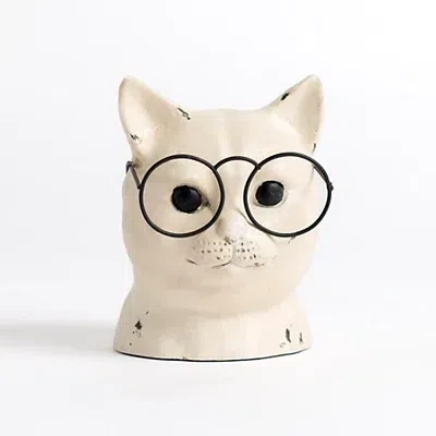 Kirkland's Distressed Cream Cat With Glasses Figurine In White