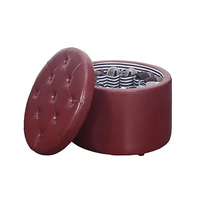 Kirkland's Faux Leather Round Shoe Storage Ottoman In Burgundy