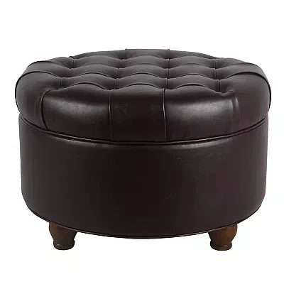 Kirkland's Faux Leather Tufted Round Storage Ottoman In Brown
