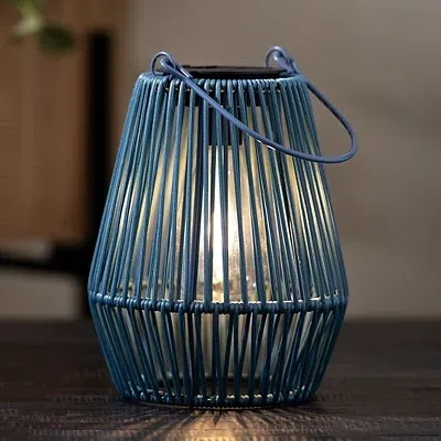 Kirkland's Faux Rattan Hanging Solar Lantern In Blue