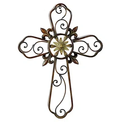 Kirkland's Fleur De Lis Traditional Metal Cross Wall Plaque In Brown