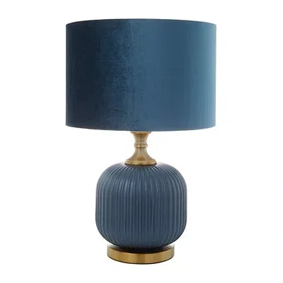 Kirkland's Glass Base Round Blue Velvet Shade Table Lamp In Brown