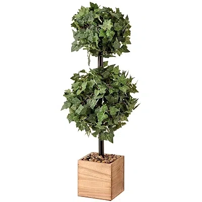 Kirkland's Ivy Double Ball Topiary In Wood Planter In Green