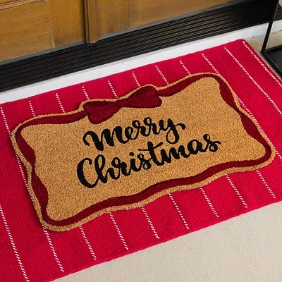 Kirkland's Merry Christmas Red Bow Shaped Coir Doormat In Multi