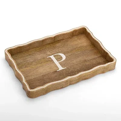 Kirkland's Monogram P Natural Wood Scalloped Tray In Brown