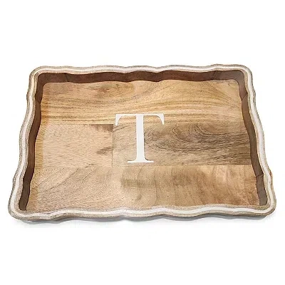 Kirkland's Monogram T Natural Wood Scalloped Tray In Brown