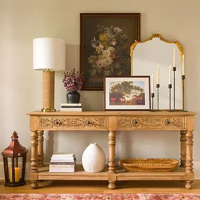 Kirkland's Ornate Carved Wood 2-drawer Console Table In Brown