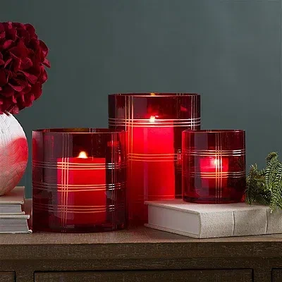 Kirkland's Plaid Cut Glass Hurricanes In Red