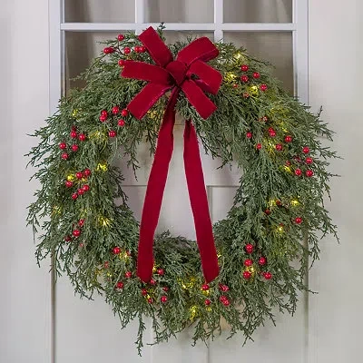 Kirkland's Pre-lit Juniper Red Berry Wreath With Bow In Multi