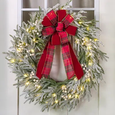 Kirkland's Pre-lit Norfolk Plaid Bow Christmas Wreath In Multi