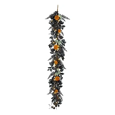 Kirkland's Pre-lit Pumpkin And Black Leaf Garland In Multi