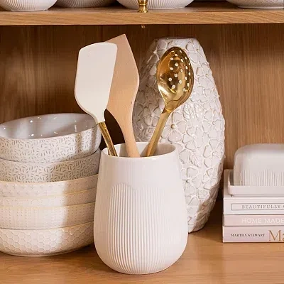 Kirkland's Ribbed Stoneware Utensil Crock In White