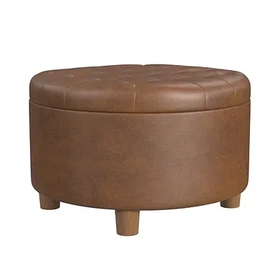 Kirkland's Round Faux Leather Tufted Storage Ottoman In Brown