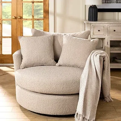 Kirkland's Round Sand Boucle Swivel Accent Chair In Neutral