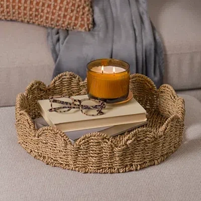 Kirkland's Round Scalloped Seagrass Decorative Tray In Brown