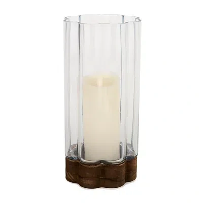 Kirkland's Scalloped Glass Hurricane With Wood Base In Multi