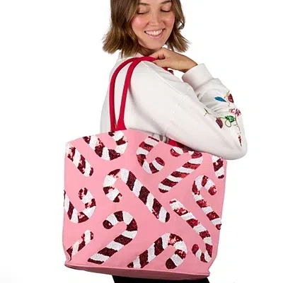Kirkland's Sequin Candy Cane Christmas Tote In Pink