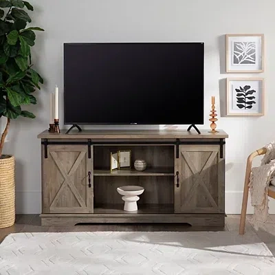 Kirkland's Sliding Barn Door Open Shelf Gray Wash Tv Stand In Brown