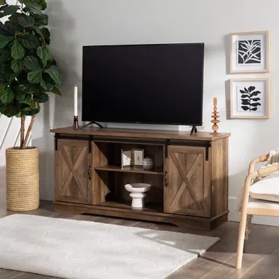 Kirkland's Sliding Barn Door Open Shelf Oak Tv Stand In Brown