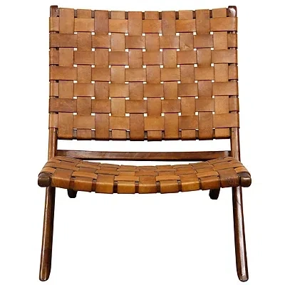 Kirkland's Solid Teak And Genuine Brown Leather Lounge Chair
