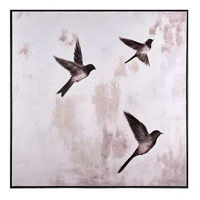 Kirkland's Three Neutral Birds Framed Canvas Art Print In Gray