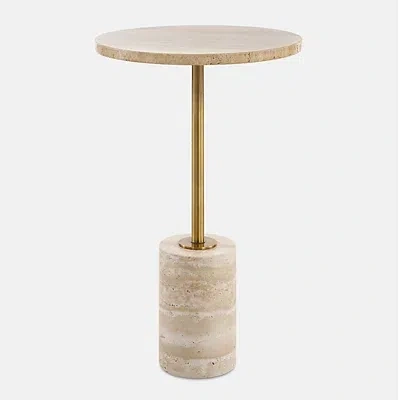 Kirkland's Travertine And Brass Metal Round Accent Table In Brown