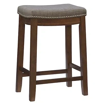 Kirkland's Walnut Wood Counter Stool With Gray Cushion In Multi