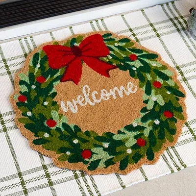 Kirkland's Welcome Christmas Wreath Shaped Coir Doormat In Multi
