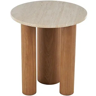 Kirkland's Wood And Beige Marble Top Round Accent Table In Brown